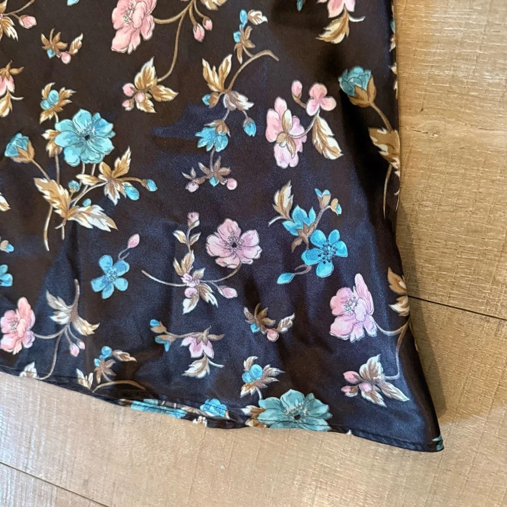 VTG Adonna chocolate Brown Floral satin slip Dress tie front back size large Y2K